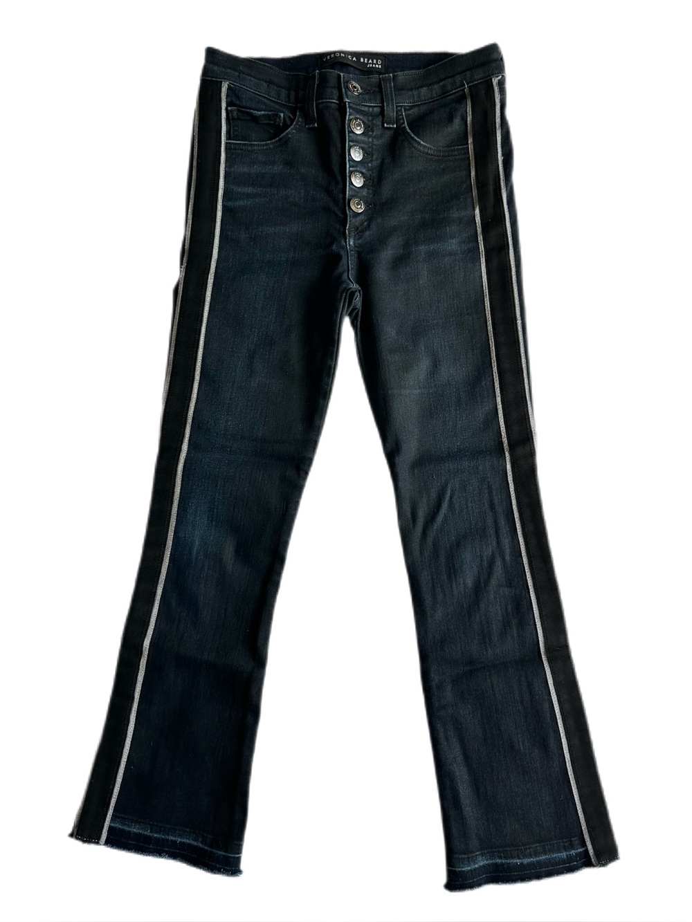 Veronica Beard Carolyn 10” Baby Boot Jeans Royal Wash Tuxedo Stripe Fray 26